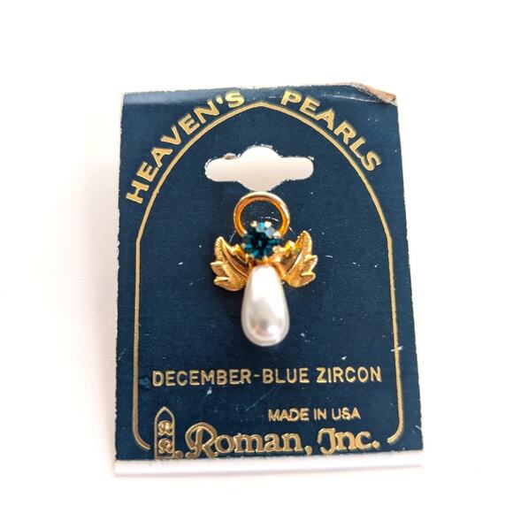 Roman Jewelry - Vintage Roman December Birthstone Blue Zircon Pearl Angel Lapel Pin Brooch